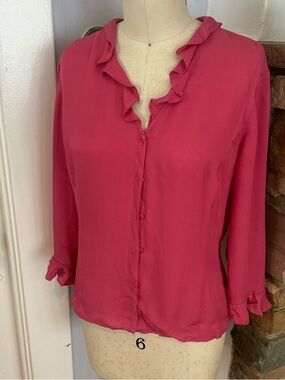 Vintage Ann Taylor Ruffle-Trim Button-Front Blouse - Hot Pink